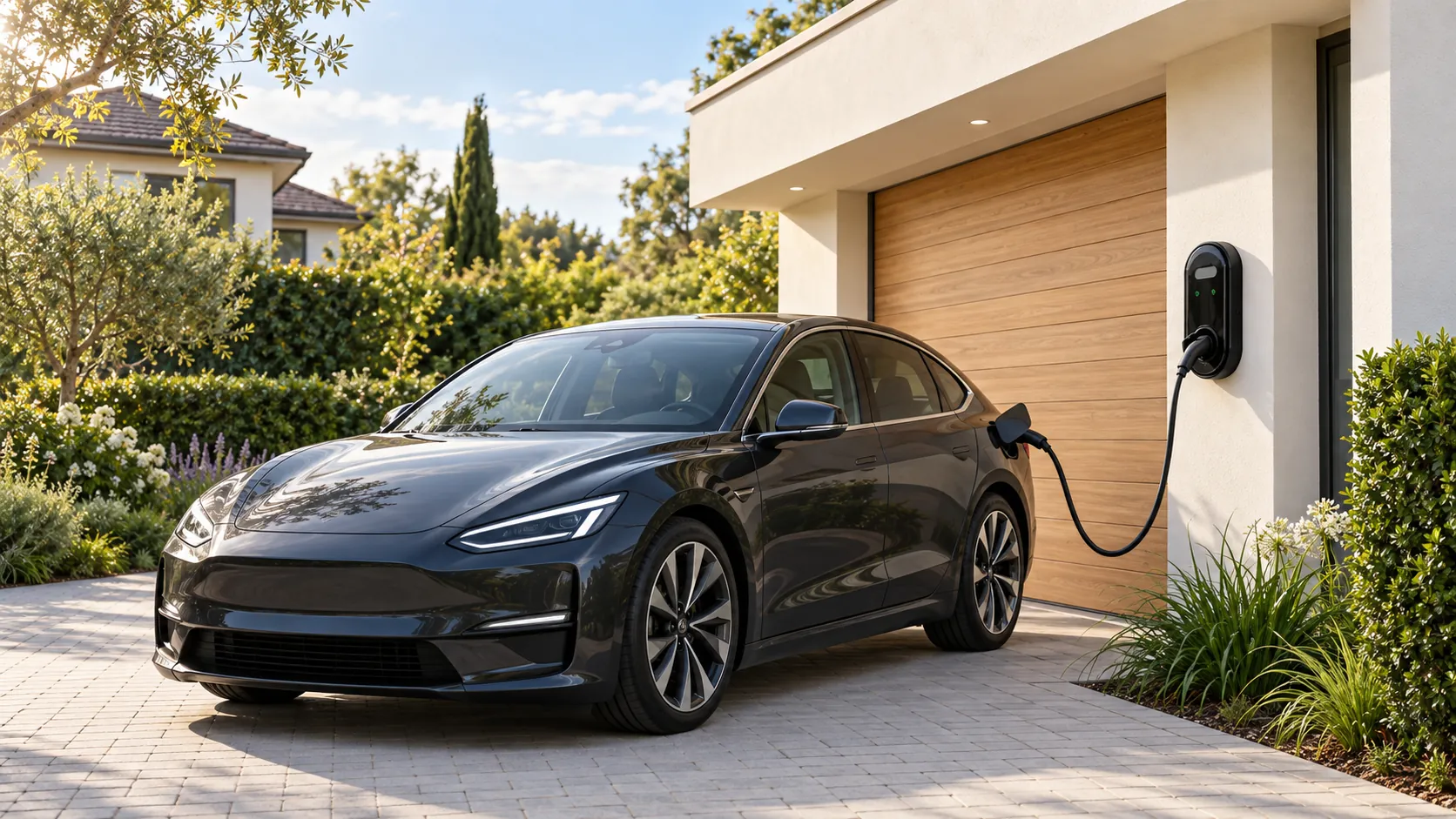 Illustration d’une voiture électrique branchée à une borne de recharge devant une maison